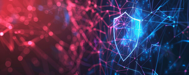 Fototapeta premium Abstract cyber security background with a glowing shield icon, surrounded by interconnected lines and nodes representing a secure network.
