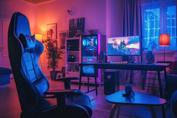 A gaming setup with a large monitor displaying a landscape, a comfortable black chair, and colorful LED lighting