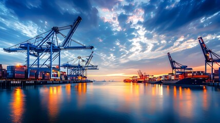 Fototapeta premium Cargo Port Skyline with Cranes and Containers at Sunset Reflecting in the Water