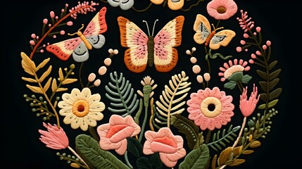 Obraz premium Enchanting Floral Motif with Vibrant Butterflies and Flourishing Foliage