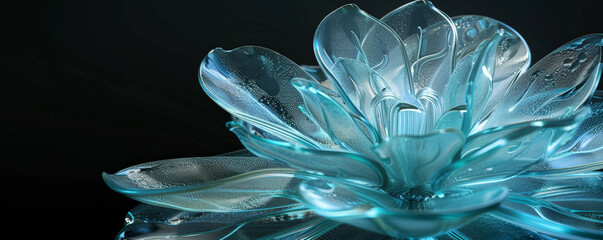 An abstract glass flower with clear petals illuminated by neon cyan light. The cool, vibrant glow adds a touch of modernity and elegance to the delicate design.