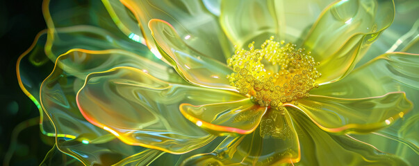 An abstract glass flower with translucent petals bathed in neon chartreuse light. The bright glow adds a touch of modernity and elegance to the delicate design.