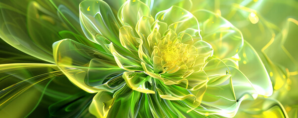 An abstract glass flower with translucent petals bathed in neon chartreuse light. The bright glow adds a touch of modernity and elegance to the delicate design.