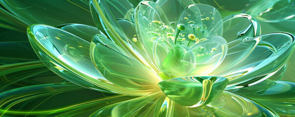An abstract glass flower with translucent petals bathed in neon chartreuse light. The bright glow adds a touch of modernity and elegance to the delicate design.