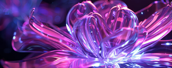An abstract glass flower with translucent petals bathed in neon violet light. The vibrant glow adds a touch of elegance and modernity to the delicate design.