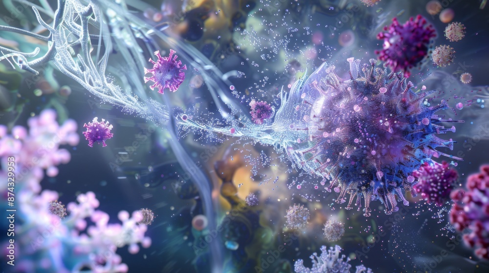 Fototapete a microscopic view of viruses interacting with each other. the viruses are various colors and shapes