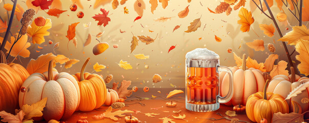 An autumn-themed beer banner with a frosty mug, surrounded by pumpkins, leaves, and cozy seasonal decorations.