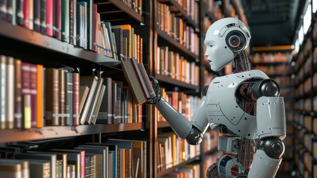 A robot organizing books on a bookshelf in a home library, ensuring everything is perfectly aligned