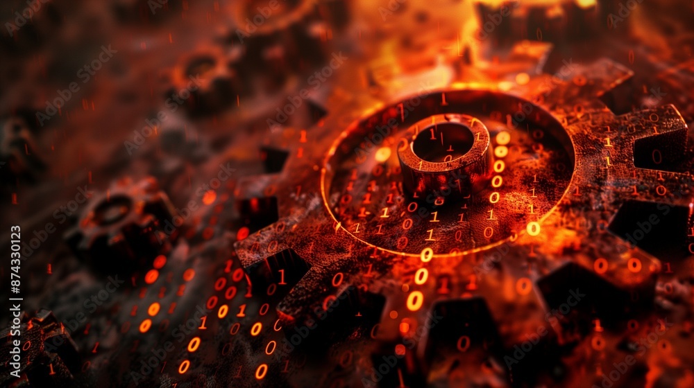 Wall mural close-up of steel gears with a moody, rusty orange tint, representing the rust programming concept. 