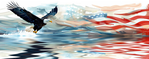 An eagle soaring above a river with a wavy American flag reflected in the water, creating a serene and patriotic scene.