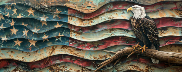 An eagle standing on a tree branch with a wavy American flag in the background, blending elements of nature and patriotism.