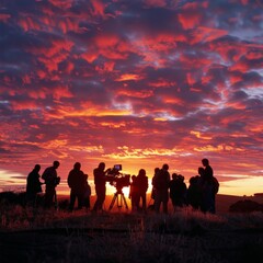 Silhouetted Film Crew Working with Camera Equipment During a Vibrant, Fiery Red and Orange Sunset with Dramatic Clouds in the Background Horisonsilhouette