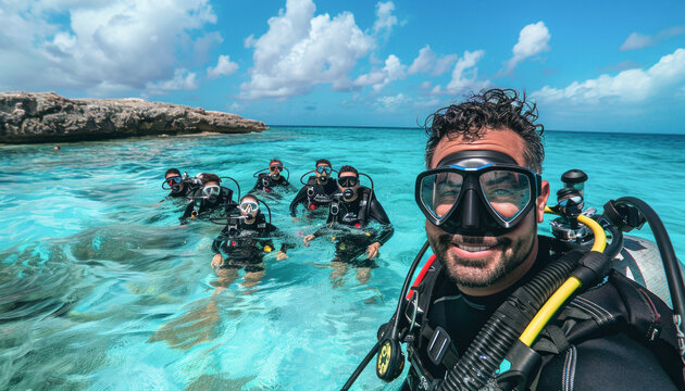 A group of scuba divers are leisurely swimming in the ocean under the sky and clouds