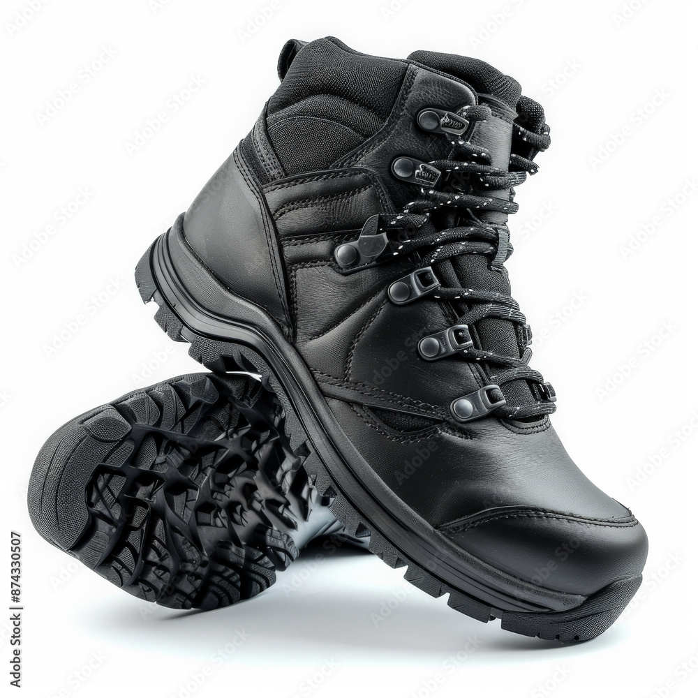 Wall mural Black leather hiking boots with padded collar and rugged sole, isolated on white background.