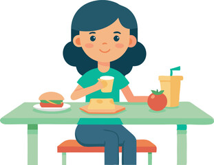A girl is sitting at a table with a sandwich, a drink, and a tomato