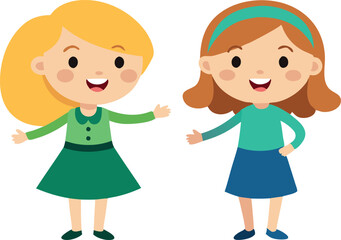 Two girls stand smiling at each other.