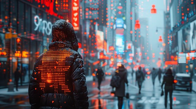 Futuristic Cyberpunk Cityscape with Anonymous Hooded Figure Amidst Neon Lights and Digital Data Streams in Urban Street Environment During Rainy Night TimeFuturistic - Powered by Adobe
