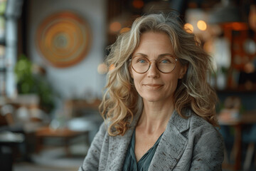 Obraz premium Smiling senior businesswoman in modern office with glass walls wearing glasses and blazer suit