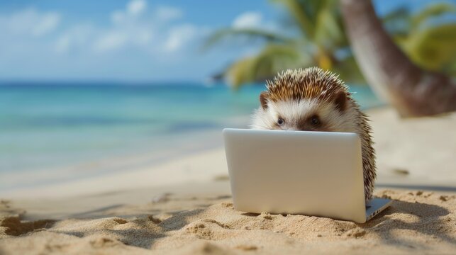 Hedgehog Working on Laptop at Beach.