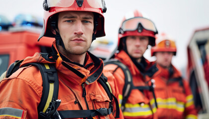 Firefighters gathered by a fire truck, wearing hard hats and highvisibility clothing
