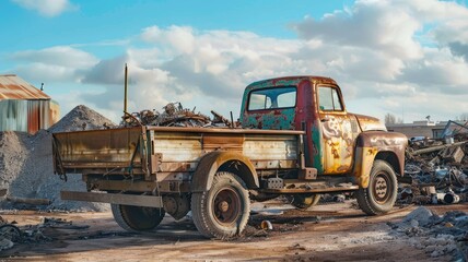Obraz premium Rusty vintage pickup truck in scrapyard under cloudy sky