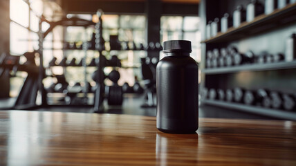 a blank black supplement bottle at a gym. - mock up.