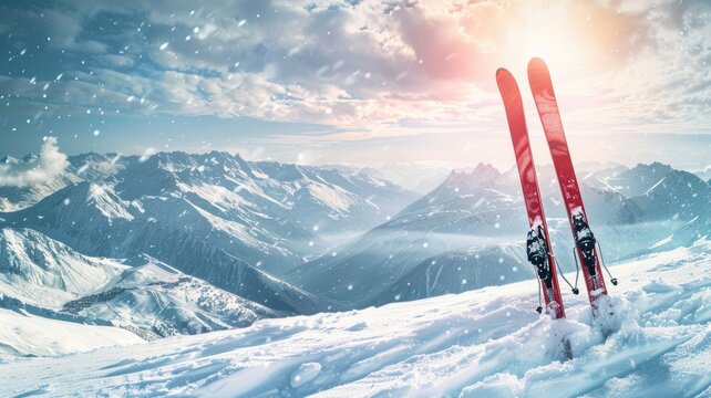 Red skis on snowy mountain under bright sky