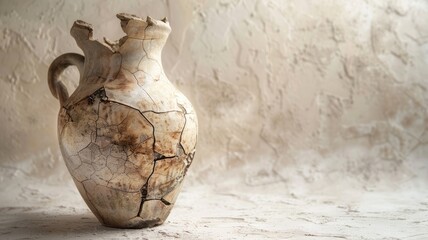 Historical cracked jug with handle, ancient pottery on textured background