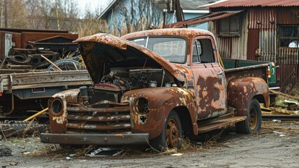 Fototapeta premium Rusted old truck with its hood open in scrapyard