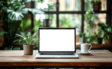 Fototapeta premium Laptop with Blank White Screen on Wooden Table in Coffee Shop with Blur Green Plant Background Template for Online Business Platform