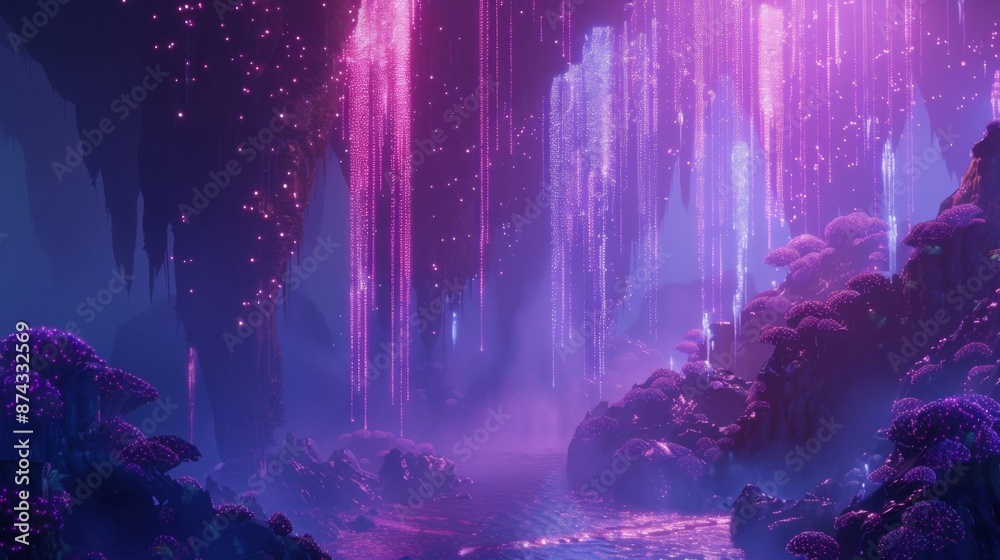 Poster a cave with purple, glowing streams and fog, illuminated by an ethereal light source above.