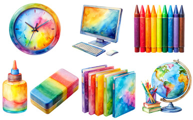 Watercolor illustrations of various colorful school supplies including a wall clock, computer, crayons, glue, eraser, folders, and a globe with pencils. Clipart on Transparent Background.