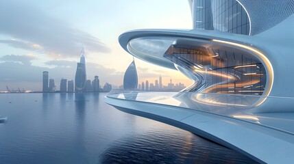 Futuristic Cityscape Illuminated at Dusk with Glittering Glass Skyscrapers and Reflections