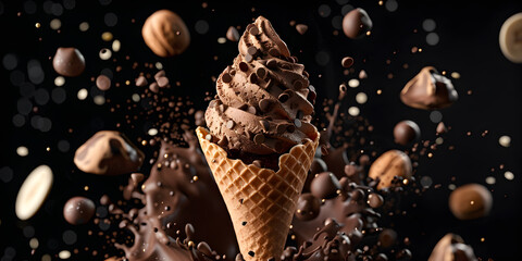 Ice cream in a cone with a splash of chocolate and nuts