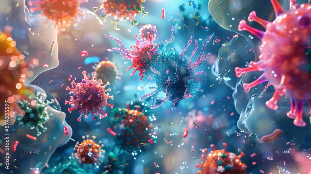 Aufkleber a close-up illustration of various colorful viruses floating in a blue background.