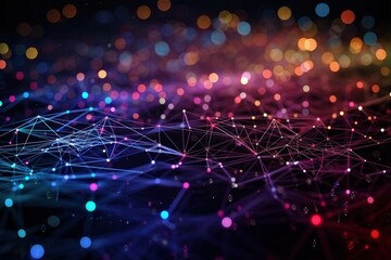 Obraz premium A dark background with a network of lines and nodes, lit with colorful bokeh lights