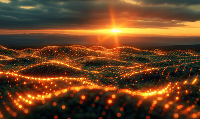 Smart Farming Technology in Crop Fields with Data Sensors on Green Hills at Sunset