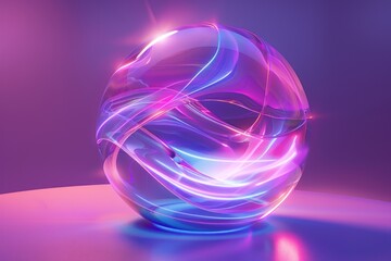 A glass sphere with purple and blue neon lights inside, sitting on a purple surface