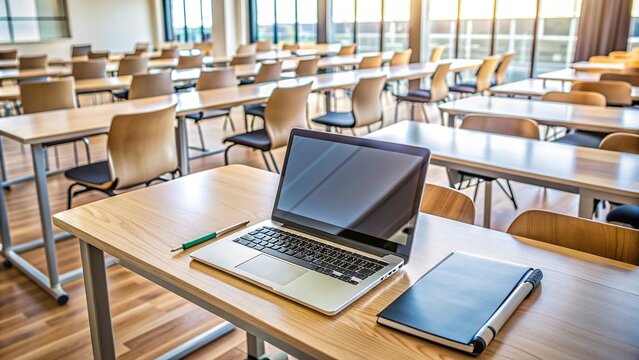An empty modern college classroom desk with an open laptop, notebook, and pen, capturing the essence of dedicated learning and academic pursuits.