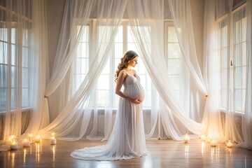 Softly lit, luminous room with a flowing white sheer curtain backdrop exudes purity, elegance, and tranquility, perfect for capturing maternity and wedding bliss photography.