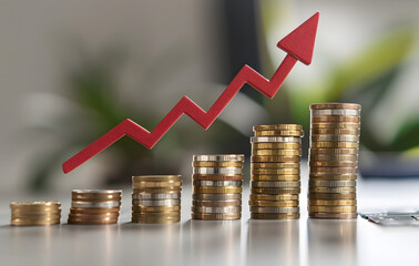 Stack of coins with an up arrow and business growth profit graph, managing profit growth and increasing interest rate or investment dividends. finance and investment concept design