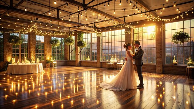 Romantic studio setting captures the essence of a wedding celebration, with a beautiful empty dance floor illuminated by warm backlighting, awaiting the happy couple's first dance.