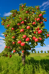 The Harvest Season: A Delightful Scene of a Lush Apple Tree Laden with Ripe Apples in A Vibrant Green Field