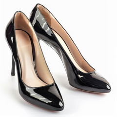 Classic black patent leather pumps with a round toe, isolated on white background.