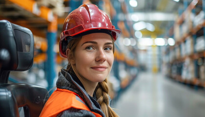 A woman in a warehouse is seated, donning a hard hat, and displaying a bright smile as she works