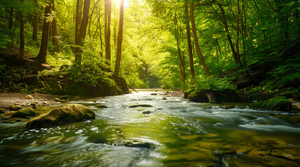 Pristine Forest Stream in Sunlight - High Resolution Nature Photography