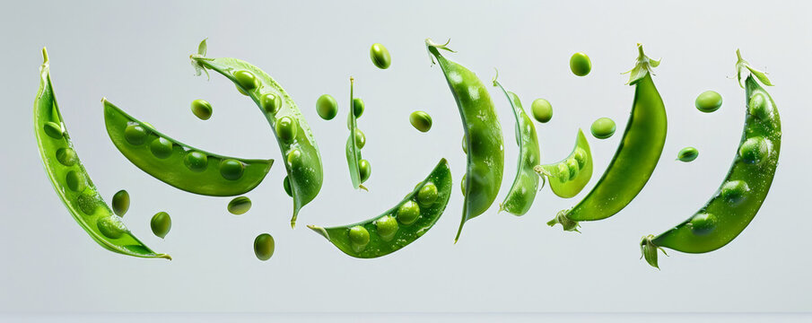 Crisp, green snap peas in various stages of being split open, floating in mid-air, showcasing their sweet and crunchy texture.