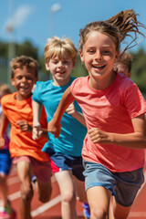 Fototapeta premium Happy children running together on a track under a blue sky, enjoying outdoor fun in nature