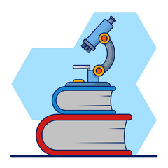 science concept, microscope with book. read a book. A microscope and a stack of books nearby. School education in science. Vector education element, isolated illustration. cartoon illustration.