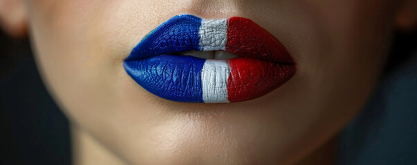 Detailed close-up of a woman's lips painted with the tricolor of the French flag. The blue, white, and red stripes are perfectly aligned, showcasing a bold and stylish look.